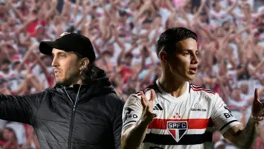 Zubeldia sério e James Rodríguez com a camisa do São Paulo