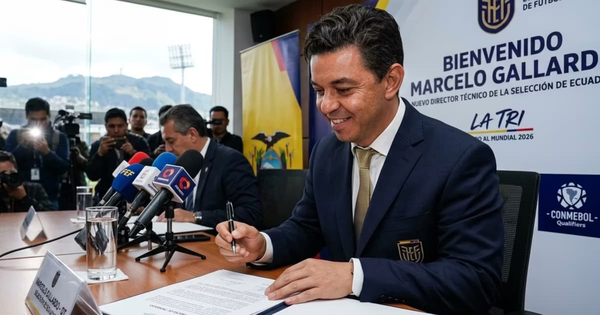 Marcelo Gallardo firmando con la selección de Ecuador
