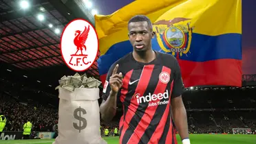 William Pacho jugando, escudo Liverpool, bandera Ecuador, dinero. Foto tomada de: Transfermarkt/PESLogos