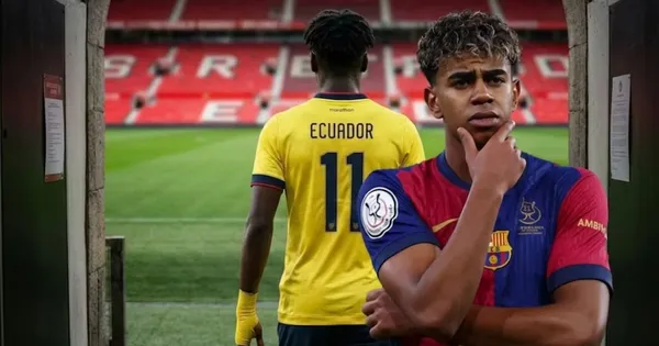Jugador ecuatoriano entrando a Old Trafford y Yamal preocupado