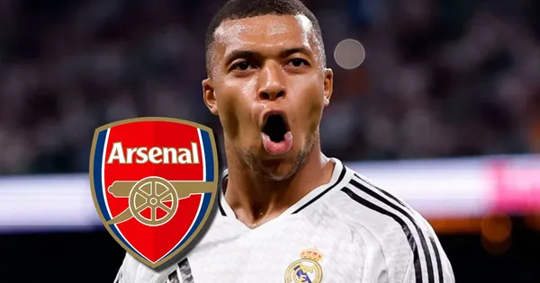 Kylian Mbappé con la camiseta del Real Madrid y escudo del Arsenal