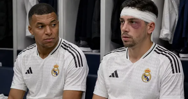 Kylian Mbappé con Federico Valverde que está con un ojo morado por la pelea con Aurelien Tchouaméni en el camerino del Real Madrid