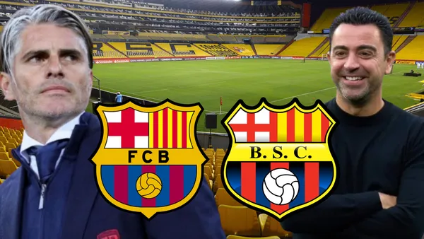 Diego López junto a Xavi Hernández y atrás el Monumental de noche (Foto tomada de: La Hora/El Telégrafo/TyC Sports/Wikipedia)