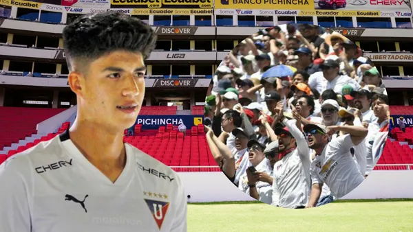 Gabriel Villamil en el Estadio Rodrigo Paz Delgado con Hinchas de Liga de Quito (Foto tomada de: La Red/Late/Primicias)