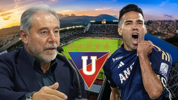 Isaac Álvarez y Radamel Falcao (Foto tomada de: Liga de Quito/C-Level/Wikipedia)