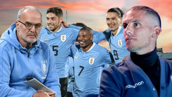 Marcelo Bielsa, jugadores de Uruguay y Sebastián Beccacece (Foto tomada de: Conmebol/AFP/Uruguay/API)