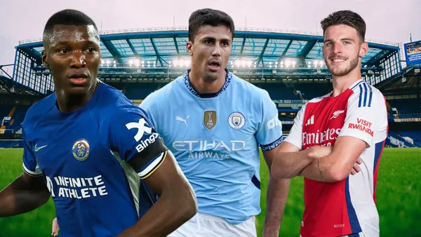 Moisés Caicedo, Declan Rice y Rodri (Foto tomada de: Chelsea/UEFA/FIF)