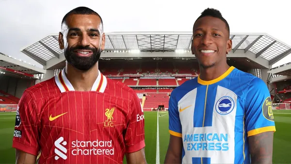 Pervis Estupiñán y Mohamed Salah (Foto tomada de: Legends/Brighton/Liverpool)