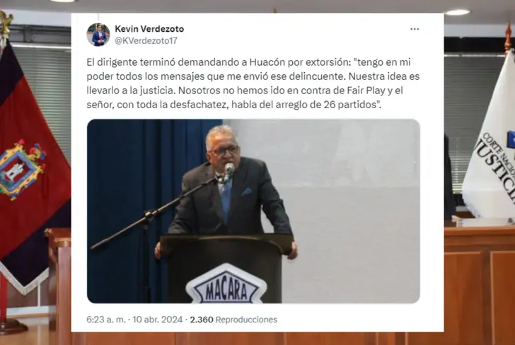 Declaraciones de Miller Salazar sobre Genaro Huacón (Foto tomada del X de Kevin Verdezoto)