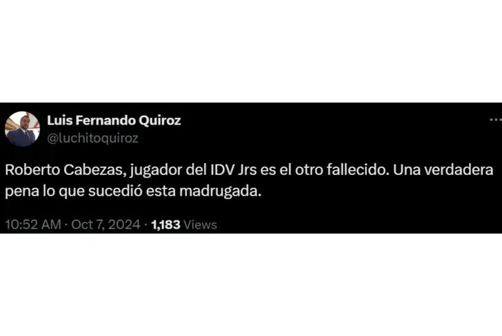 Tuit de Luis Fernando Quiroz sobre el accidente de Marco Angulo