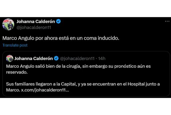 Tuit de Johanna Calderón sobre Marco Angulo