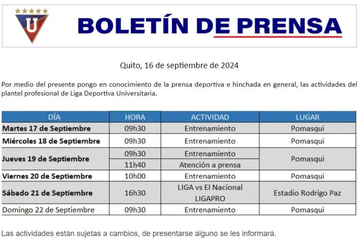 Actividades de LDU en esta semana