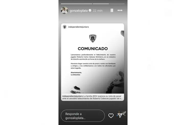 Mensaje de Gonzalo Plata en Instagram