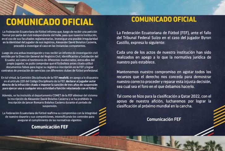 Comunicado de la FEF sobre Alexander Bolaños y Byron Castillo (Foto tomada de FEF)