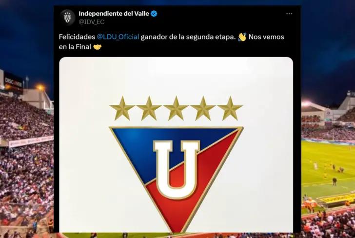 Mensaje de IDV para LDU por llegar a la final (Foto tomada de: X)