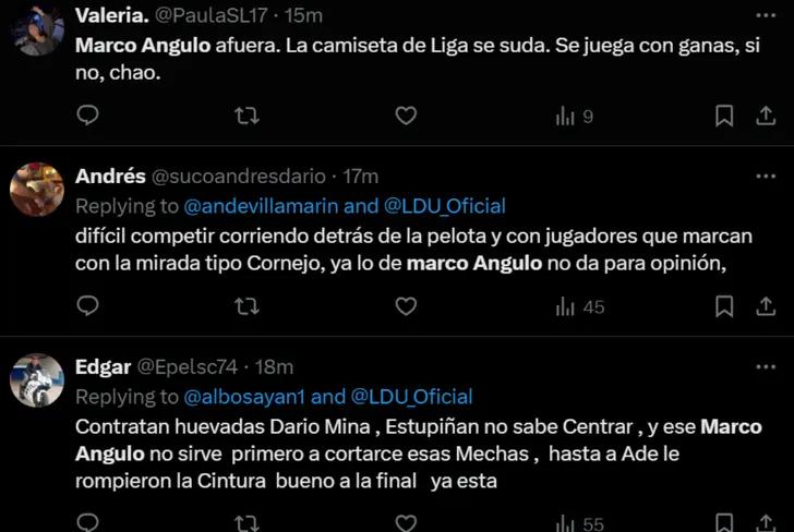 Tuits de hinchas de LDU quejándose de Marco Angulo