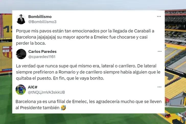 Hinchas de Emelec sobre Bryan Carabalí a Barcelona SC (Foto tomada de: X)