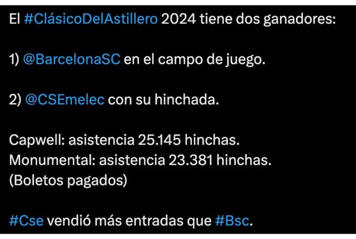 Asistencia de hinchas de Emelec y Barcelona SC / Tomado de X