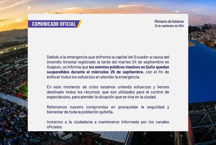 Comunicado oficial de la suspensión del partido entre Liga de Quito y El Nacional (Foto tomada de: Ministerio del Deporte)