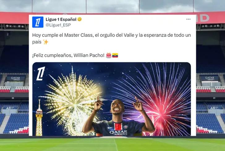 Publicación de la Ligue One por el cumpleaños de Willian Pacho (Foto tomada de: vía X)