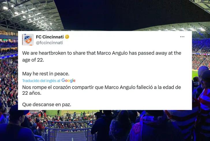 Mensaje del FC Cincinnati sobre el fallecimiento de Marco Angulo (Foto tomada de: X)