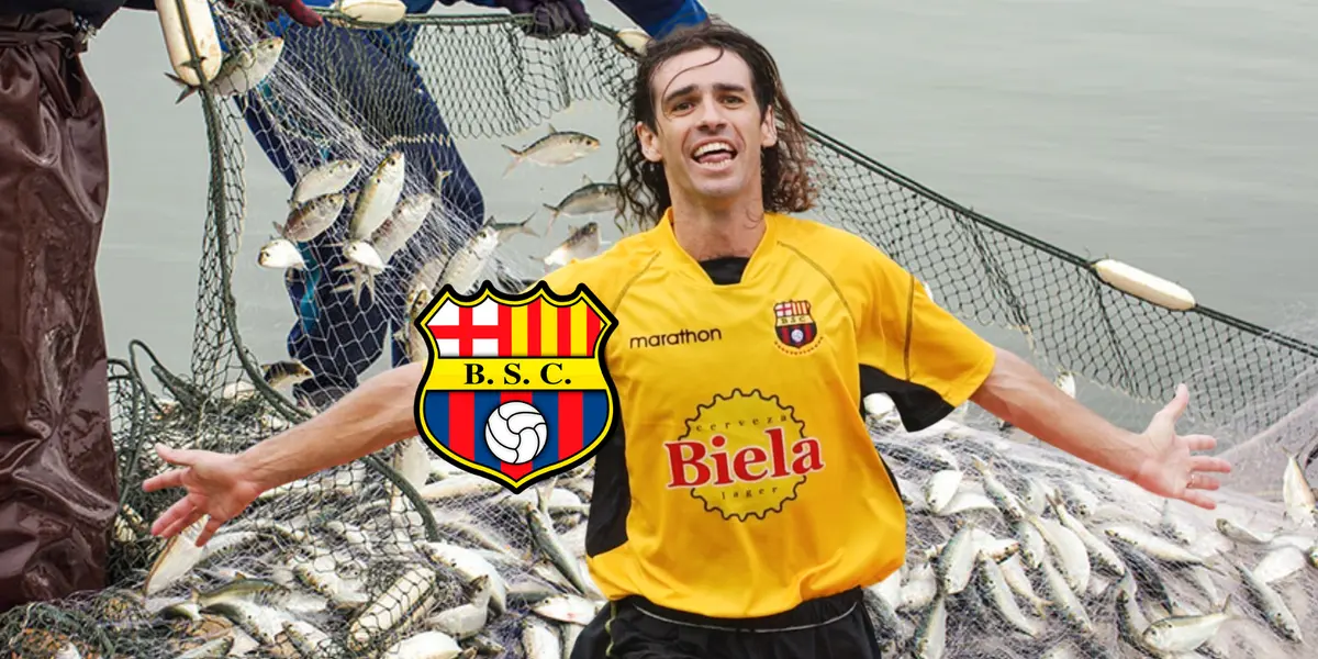 Ariel Graziani, escudo de Barcelona SC, fondo pesca. Foto tomada de: Pobrisa/Historia Barcelona SC
