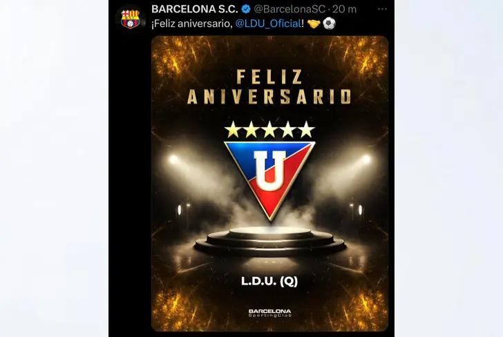 Mensaje de Barcelona SC a Liga de Quito / Tomado de X