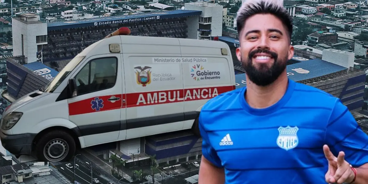 Christian Noboa y una ambulancia en el Estadio Capwell (Foto tomada de: Wikipedia/Emelec/Primicias)