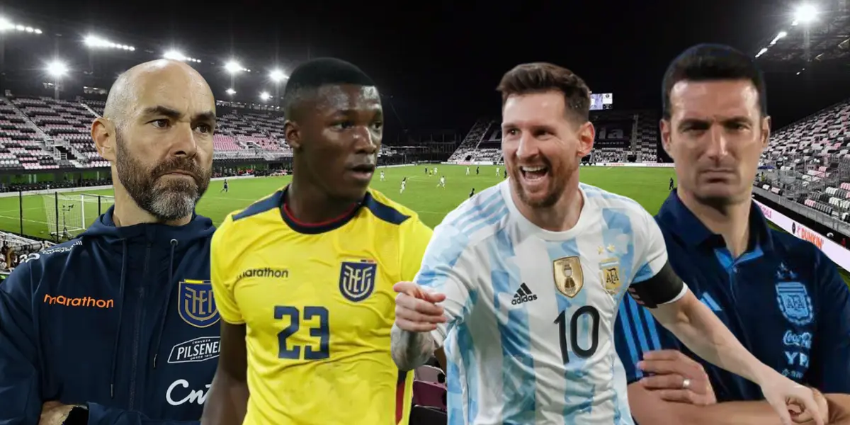 Félix Sánchez serio, Moisés Caicedo jugando, Lionel Messi celebrando, Scaloni serio. Foto tomada de: Sporting News/ESPN/Ecuavisa