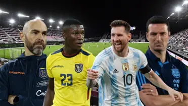 Félix Sánchez serio, Moisés Caicedo jugando, Lionel Messi celebrando, Scaloni serio. Foto tomada de: Sporting News/ESPN/Ecuavisa
