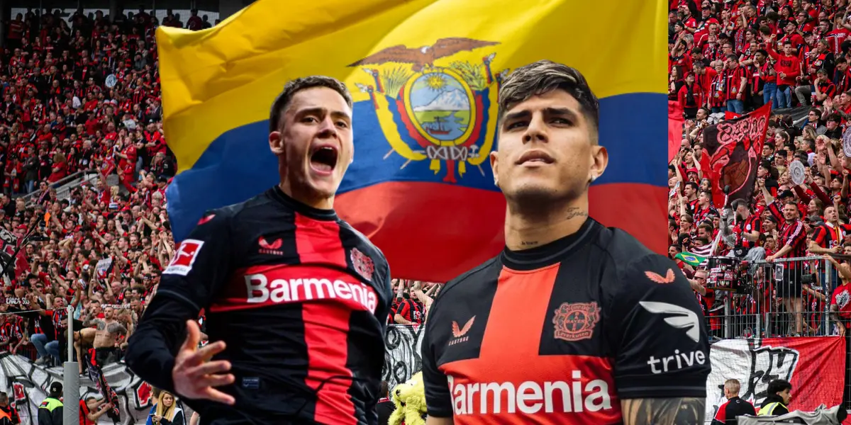 Florian Wirtz y Piero Hincapié con la bandera de Ecuador. Foto tomada de: Invictos/Bayer Leverkusen