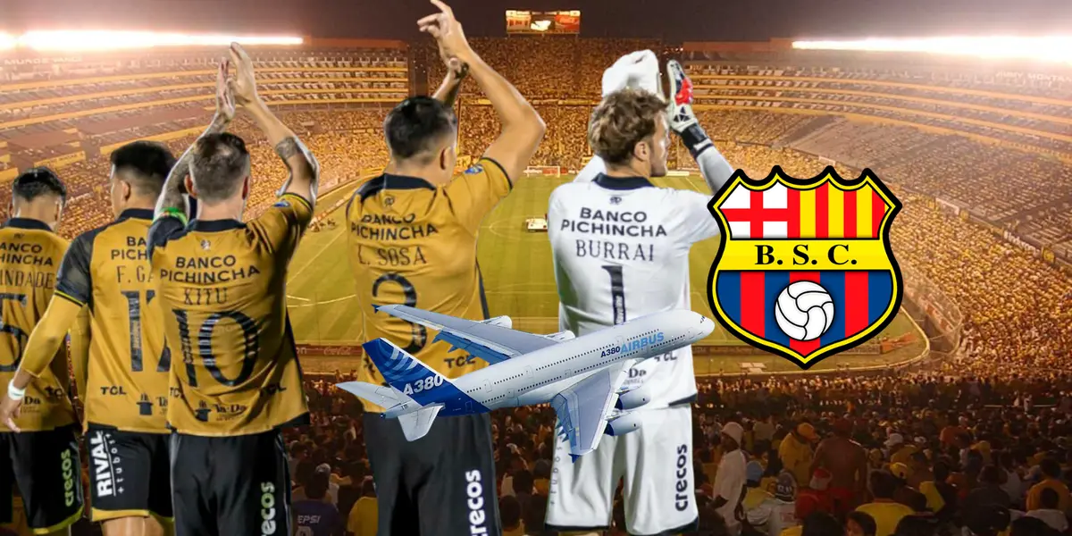 Jugadores de Barcelona SC, Avión, escudo de BSC. Foto tomada de: Barcelona SC/Pes Logos