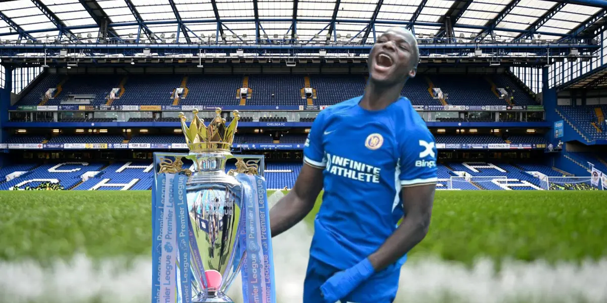 Moisés Caicedo celebrando, trofeo Premier League. Foto tomada de: Chelsea/ESPN