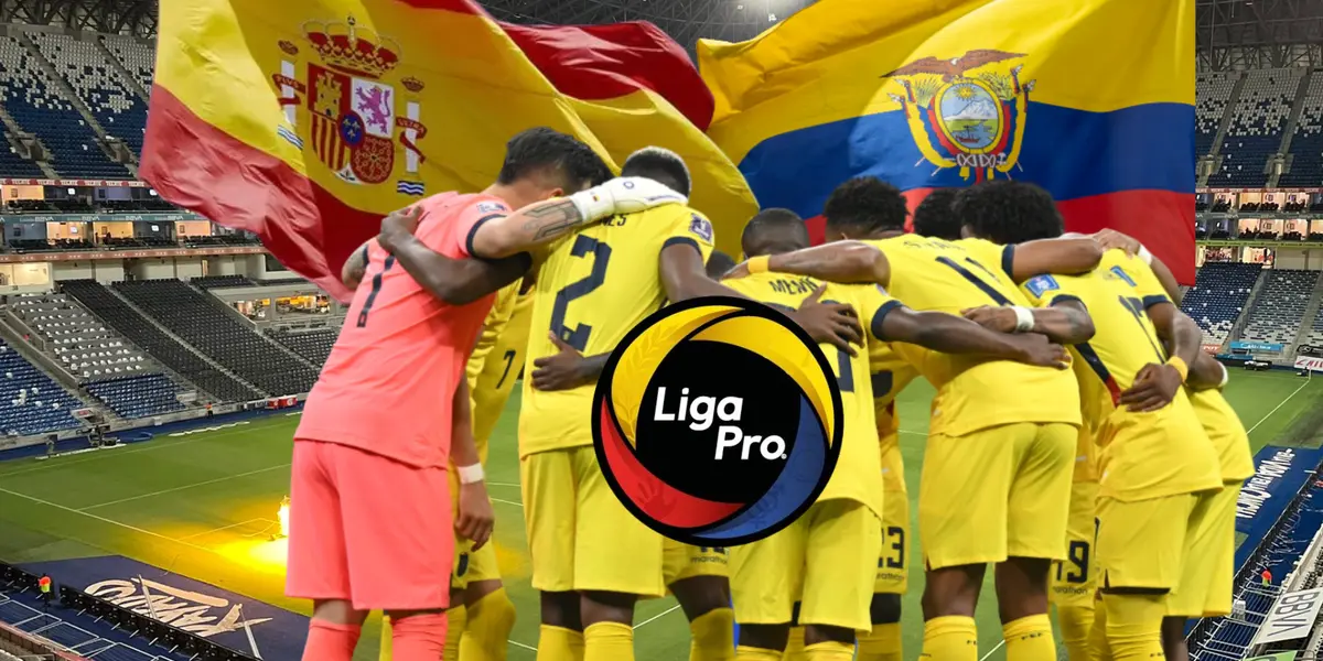 Selección de Ecuador abrazados, logo Liga Pro, banderas de España y Ecuador. Foto tomada de: Vittoria One Shop/API/La Tri