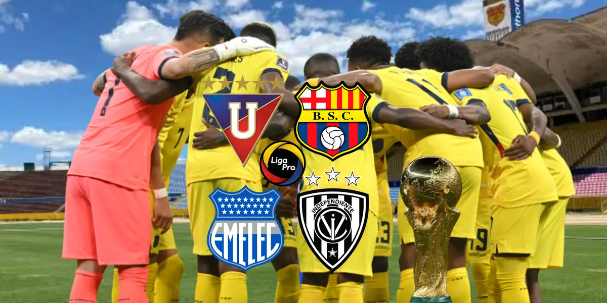 Selección Ecuador abrazados, escudos equipos LDU, BSC, IDV y Emelec, Copa del Mundo. Foto tomada de: La Tri/PES Logos