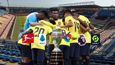 Selección Ecuador, trofeo Copa América, logos Ligas Europeas. Foto tomada de: La Tri