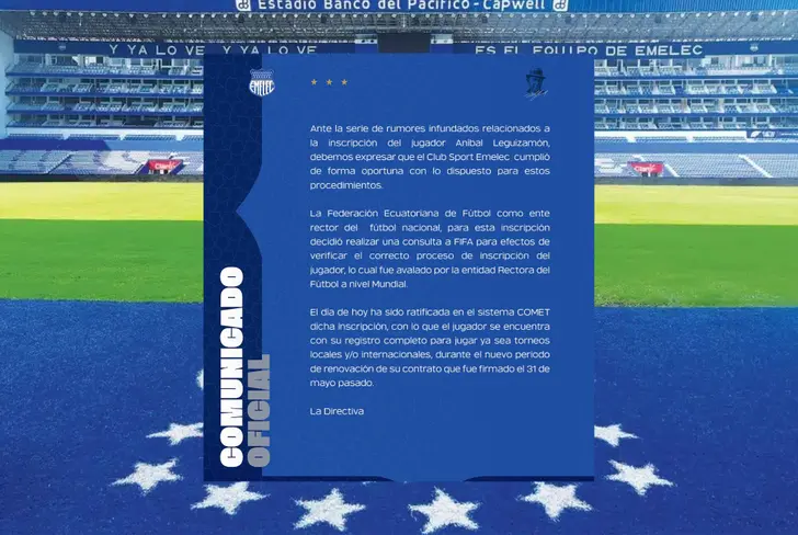 Comunicado oficial de Emelec sobre el tema de Aníbal Leguizamón (Foto tomada de: Emelec)