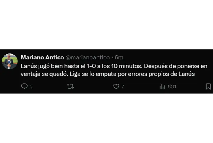 Tuit de Mariano Antico sobre el gol de Álex Arce