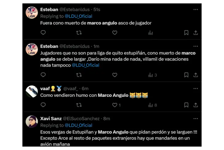 Tuits de hinchas de LDU quejándose de Marco Angulo