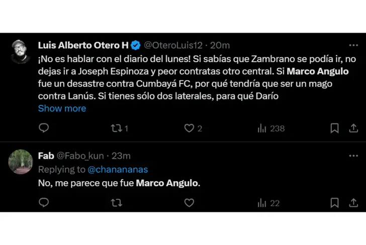 Tuits de hinchas de LDU quejándose de Marco Angulo