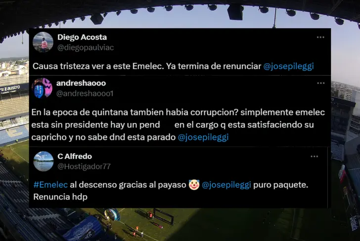 Hinchas de Emelec pidiendo la salida de José Pileggi (Foto tomada de: X)