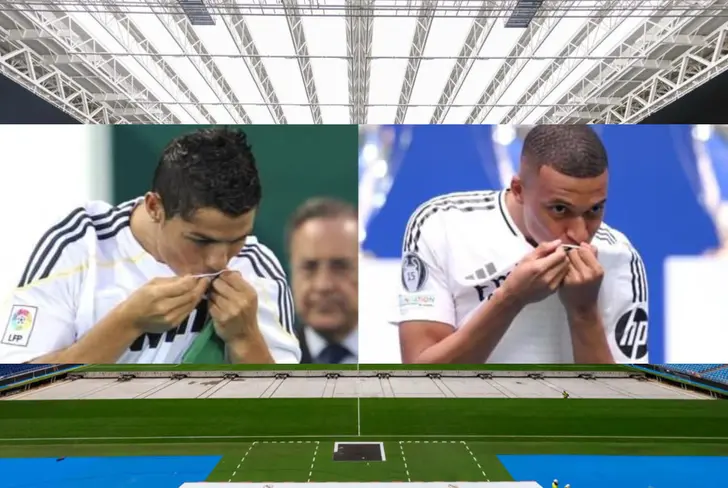 Beso a la camiseta del Real Madrid de Cristiano Ronaldo y Kylian Mbappé