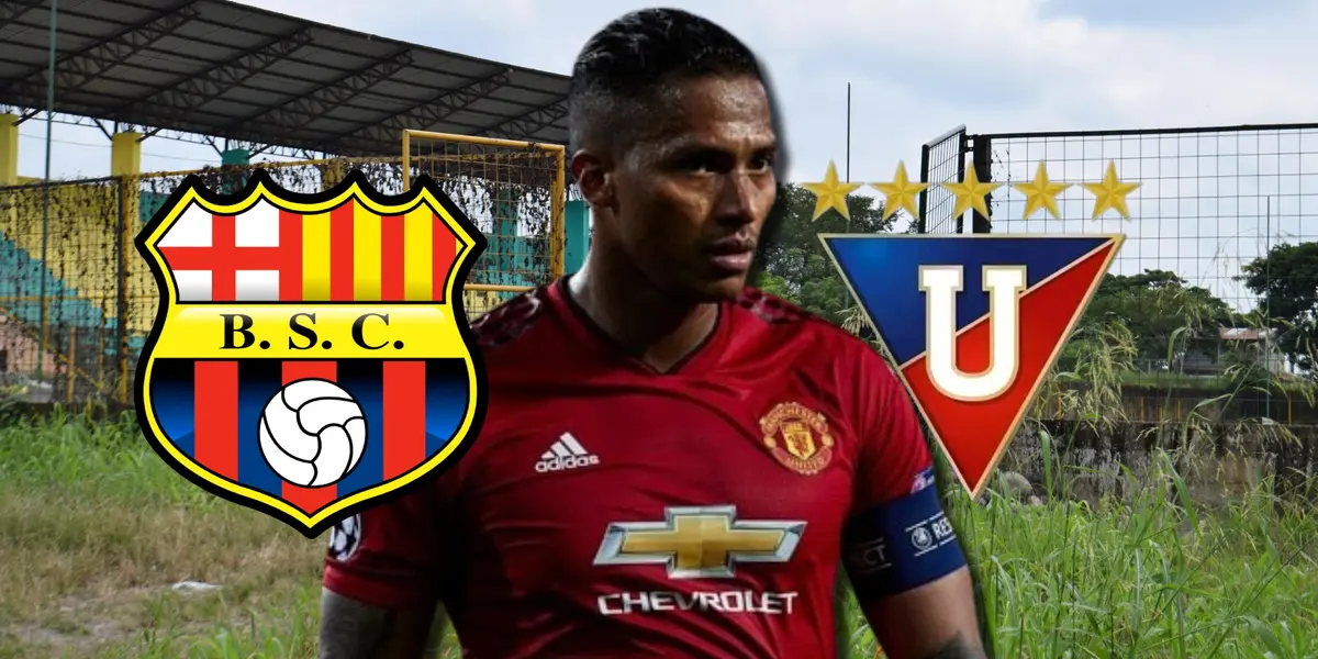 Antonio Valencia y escudos de Barcelona SC y Liga de Quito / Foto: Área Chica