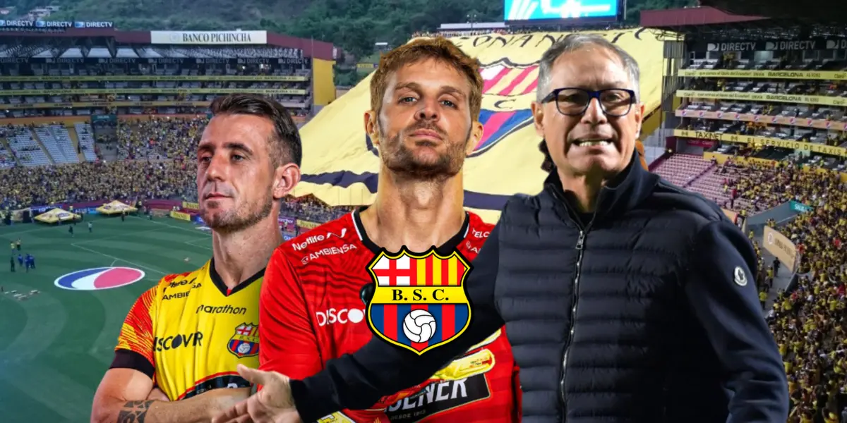 Damián Díaz serio, Javier Burrai posando, Ariel Holan dando indicaciones. Foto tomada de: Barcelona SC