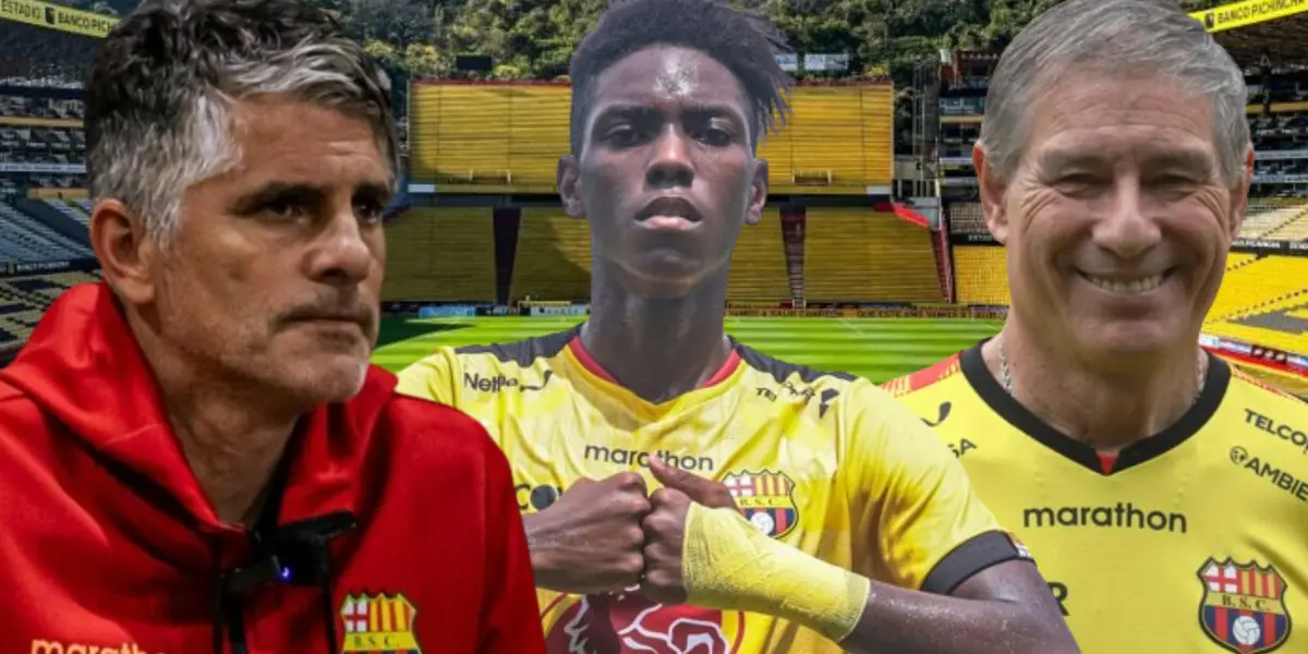 Digo López, Allen Obando y Ariel Holan en el Estadio Monumental (Foto tomada de: Barcelona SC/API)