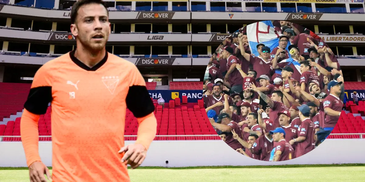 Ezequiel Piovi e hinchas de Lanús (Foto tomada de: Liga de Quito/Ezequiel Piovi/Lanús)