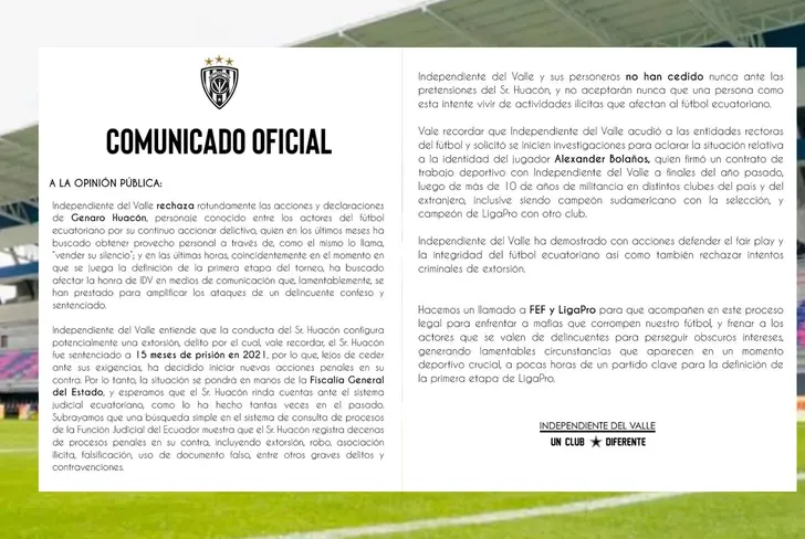 Comunicado IDV sobre Genaro Huacón