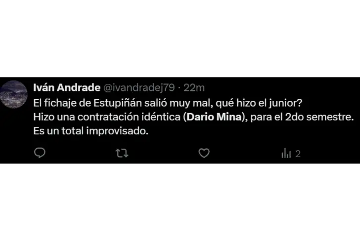 Tuit criticando a Darío Mina, Liga de Quito vs Aucas