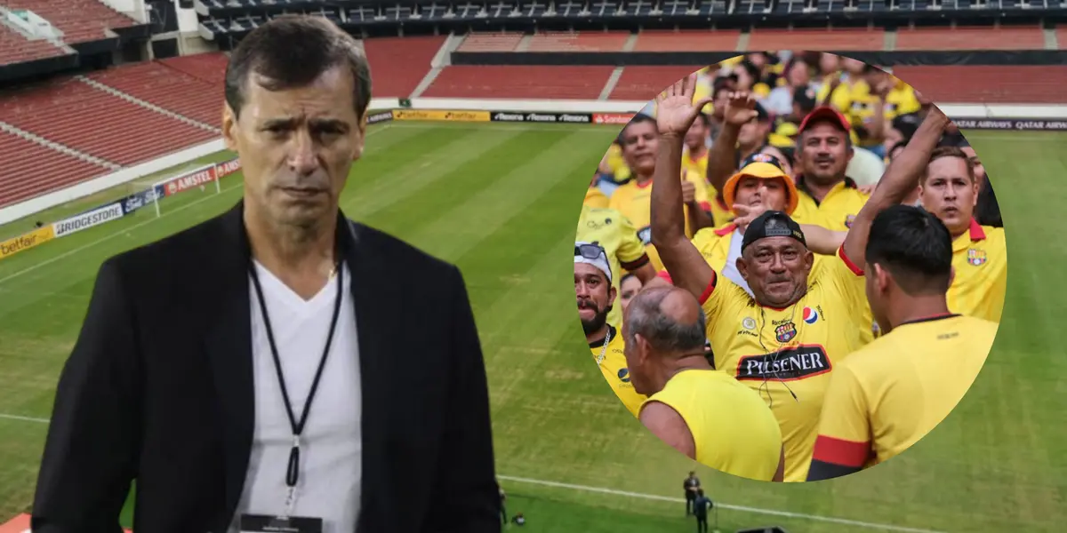 Fabián Bustos y los hinchas de Barcelona SC en el Estadio Rodrigo Paz (Foto tomada de: Primicias/Barcelona SC/API)