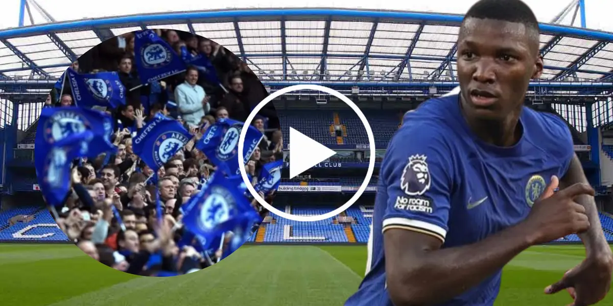 Hinchas del Chelsea y Moisés Caicedo en Stamford Bridge (Foto tomada de: DFDS/Chelsea/AlAire)